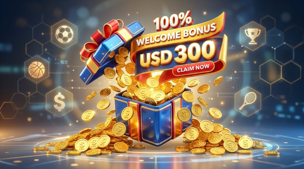 Caja de regalo con monedas USD y texto del bono 100% hasta USD 300