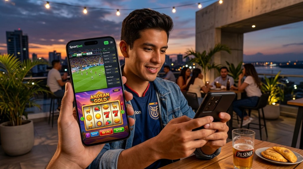 Jugador en terraza con la app Sportbet abierta en el teléfono al atardecer