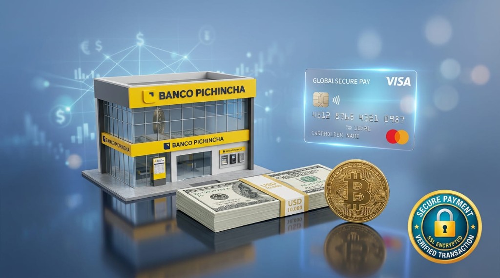 Banco Pichincha, billetes USD, Bitcoin y tarjeta Visa Mastercard con sello de pago seguro