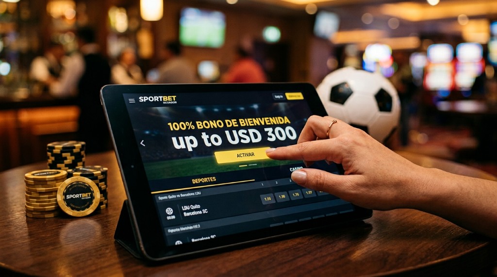 Tablet con Sportbet Ecuador y botón Activar del bono de bienvenida